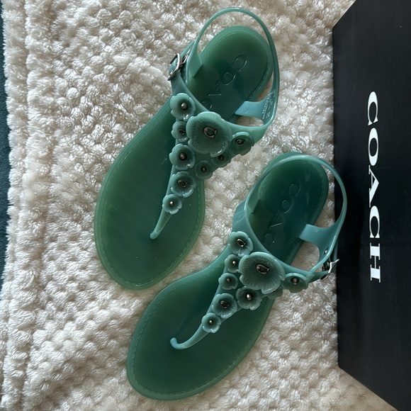 Brand New COACH JELLY SANDALS Tea Rose T-STRAP Sandals SIZE 7 Marine BLUE - Picture 2 of 8